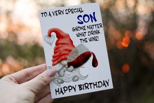 Special Son Drink The Wine Gnome Birthday Card, Gonk Birthday